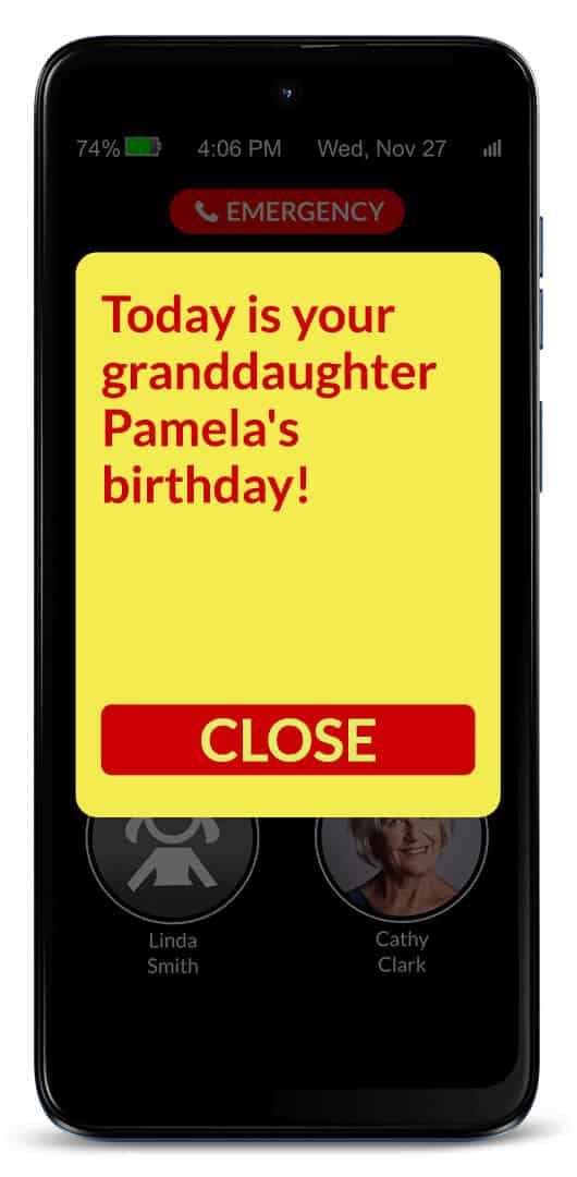 Reminder displayed on a mobile phone