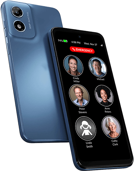 Easy-to-use mobile phone displayed from the front and rear