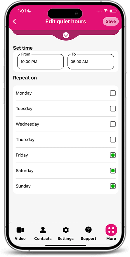Quiet hours settings screen
